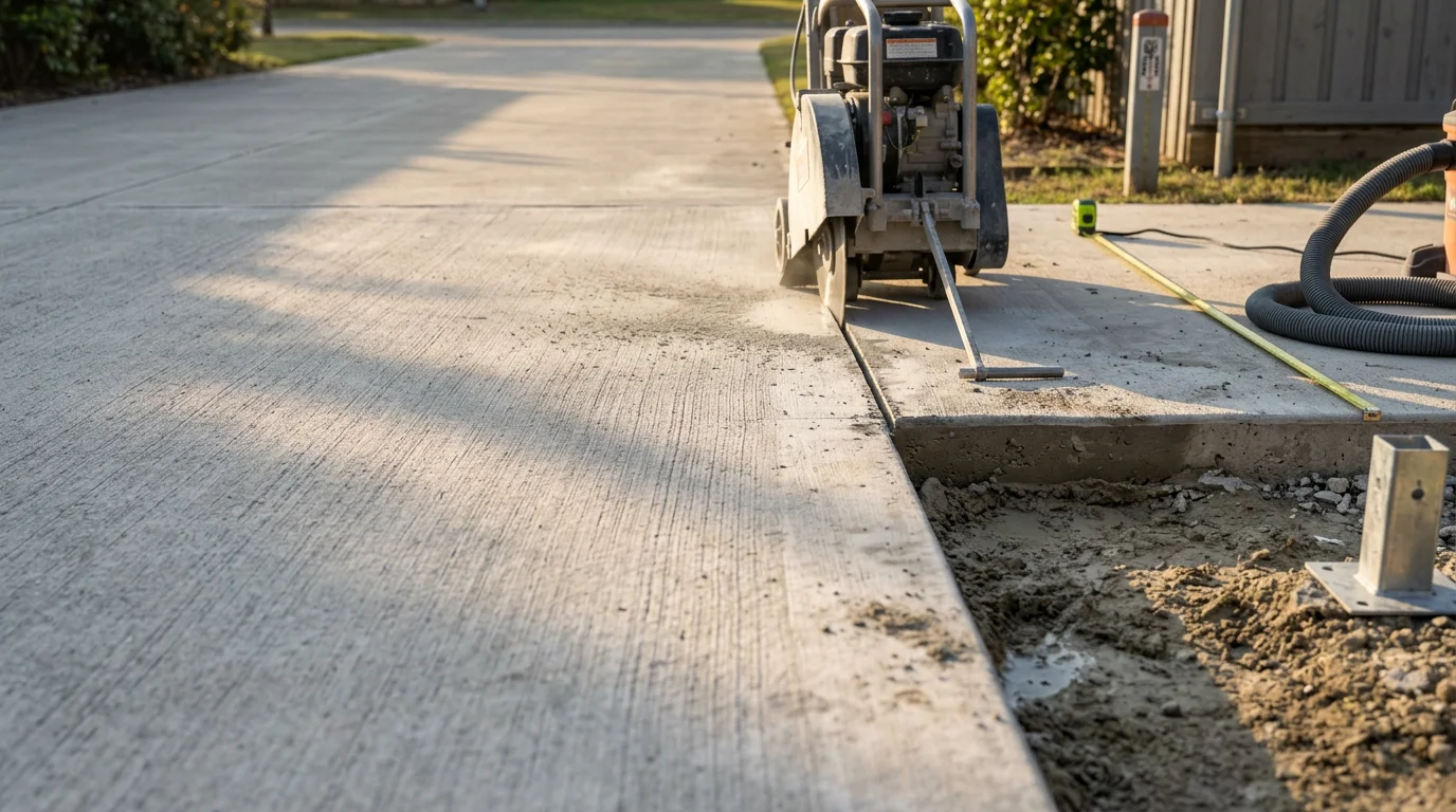A concrete slab in a Midlothian TX residential yard with a clean, straight cut opening prepared for fence post installation. The surrounding slab remains intact with no visible cracking or spalling along the cut edge.
