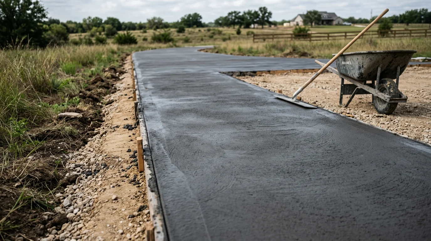 A freshly poured and finished concrete driveway at a residential home in Midlothian, TX. The smooth slab runs from the street to the garage with clean edges and a broom-finished surface.