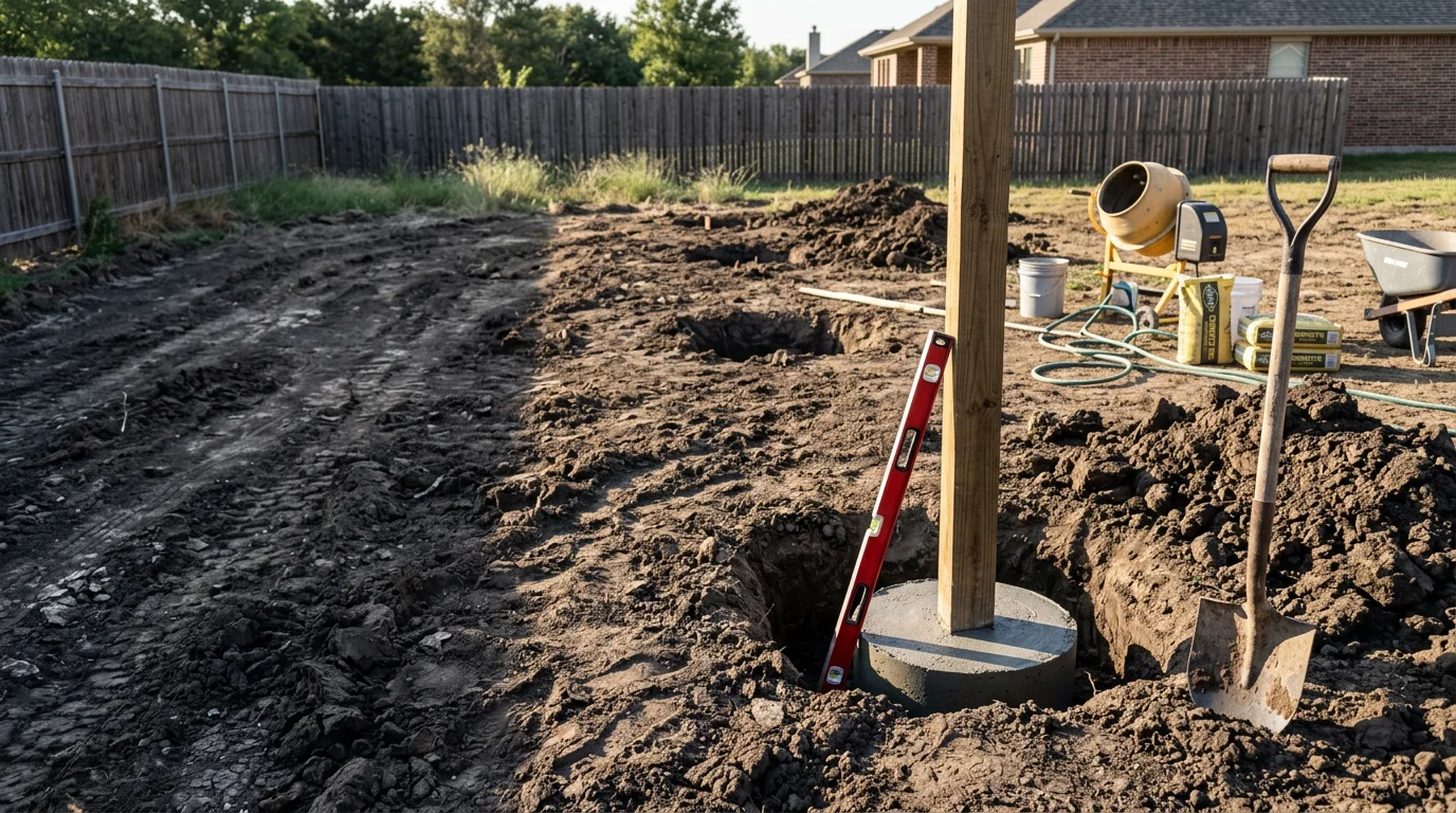 Freshly poured concrete footings set around fence posts in a Midlothian, TX backyard, with dark Blackland Prairie clay soil visible around the post holes. The posts stand plumb and level before fence panels are attached.