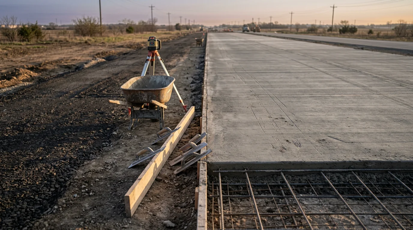 Freshly poured concrete highway section with clean edges and a compacted base visible at the roadside in Midlothian, TX. A concrete contractor crew works along the road surface in an Ellis County commercial corridor.