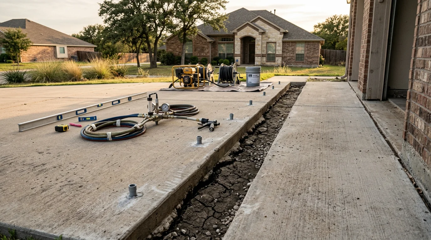 A residential concrete driveway in Midlothian, TX with one settled slab section visibly lower than the adjacent panel, showing a raised edge at the joint. A concrete contractor assesses the sunken section before leveling work begins.