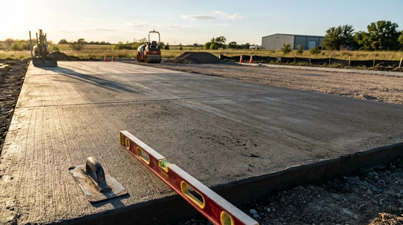 Freshly poured reinforced concrete parking lot on a commercial property in Midlothian, TX, with clean surface lines and graded edges ready for striping. Surrounding Ellis County landscape visible in the background.
