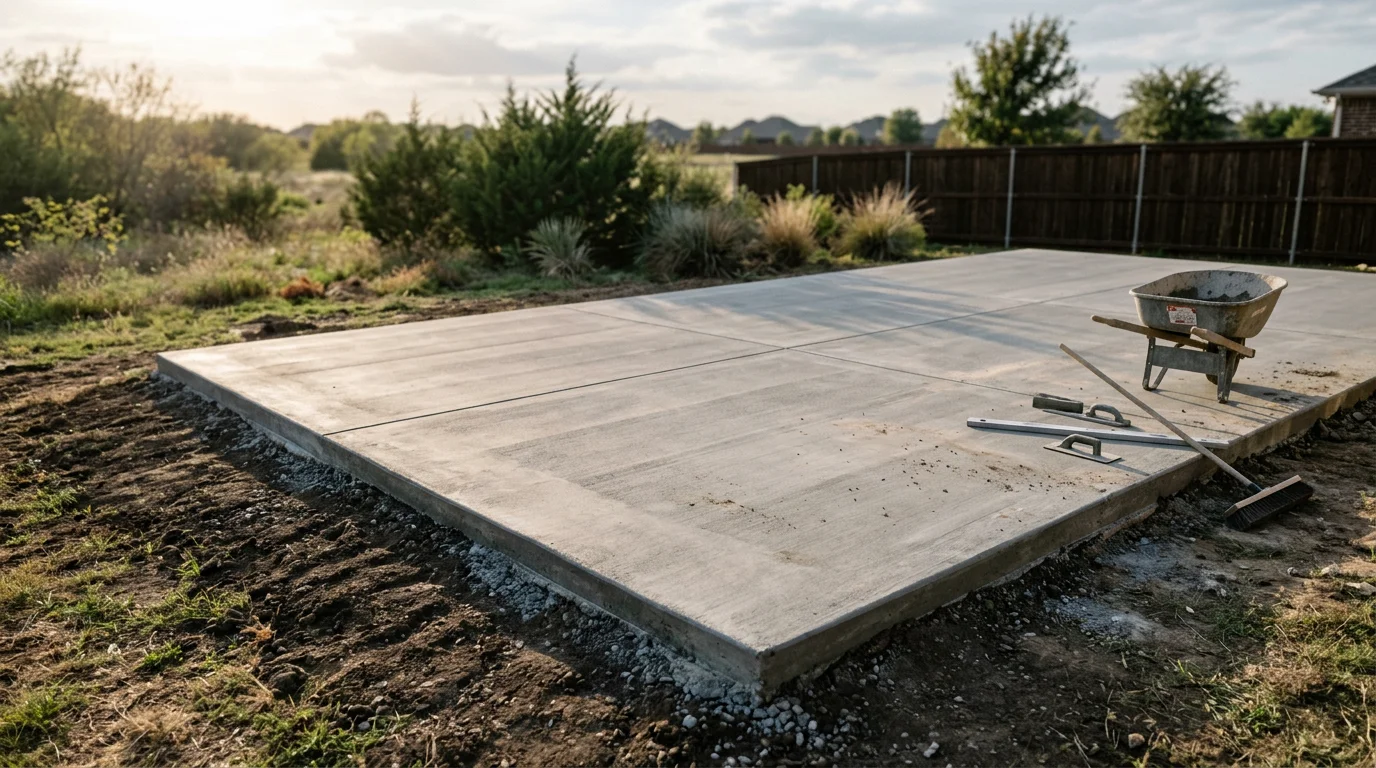 A freshly installed concrete patio in a residential backyard in Midlothian, TX, with a smooth, level surface extending from the back of a single-family home. The slab is set against a green lawn on a clear North Texas day.