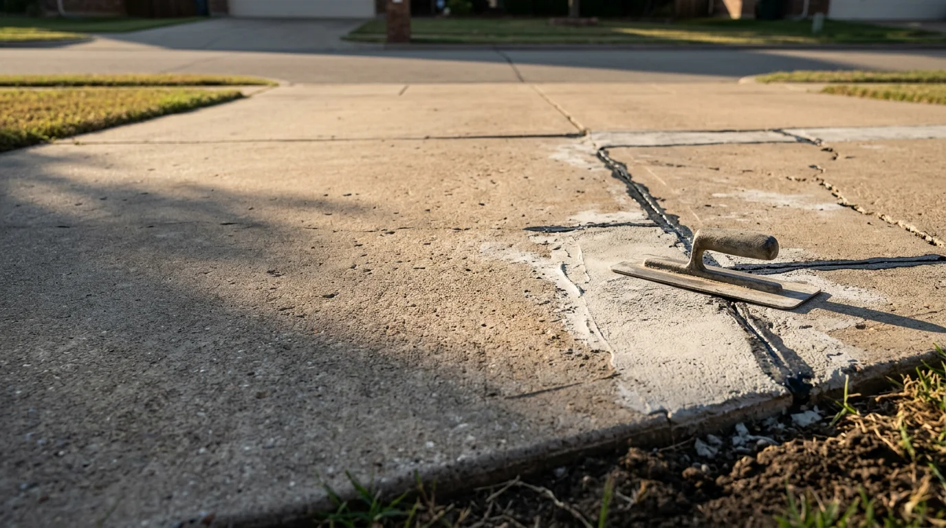 Repaired concrete driveway slab in Midlothian, TX showing a smooth, level surface after crack and settling repairs. Close-up view of patched concrete flatwork with surrounding clay soil visible at the edges.