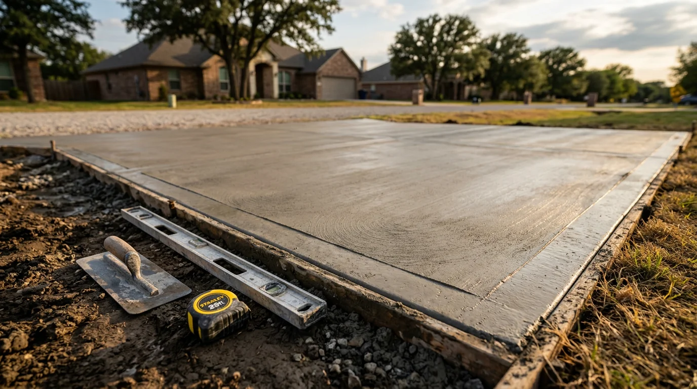 A freshly resurfaced concrete driveway in Midlothian, TX showing a smooth, even finish with clean edges. The restored surface contrasts with the worn original concrete visible at the border of the work area.