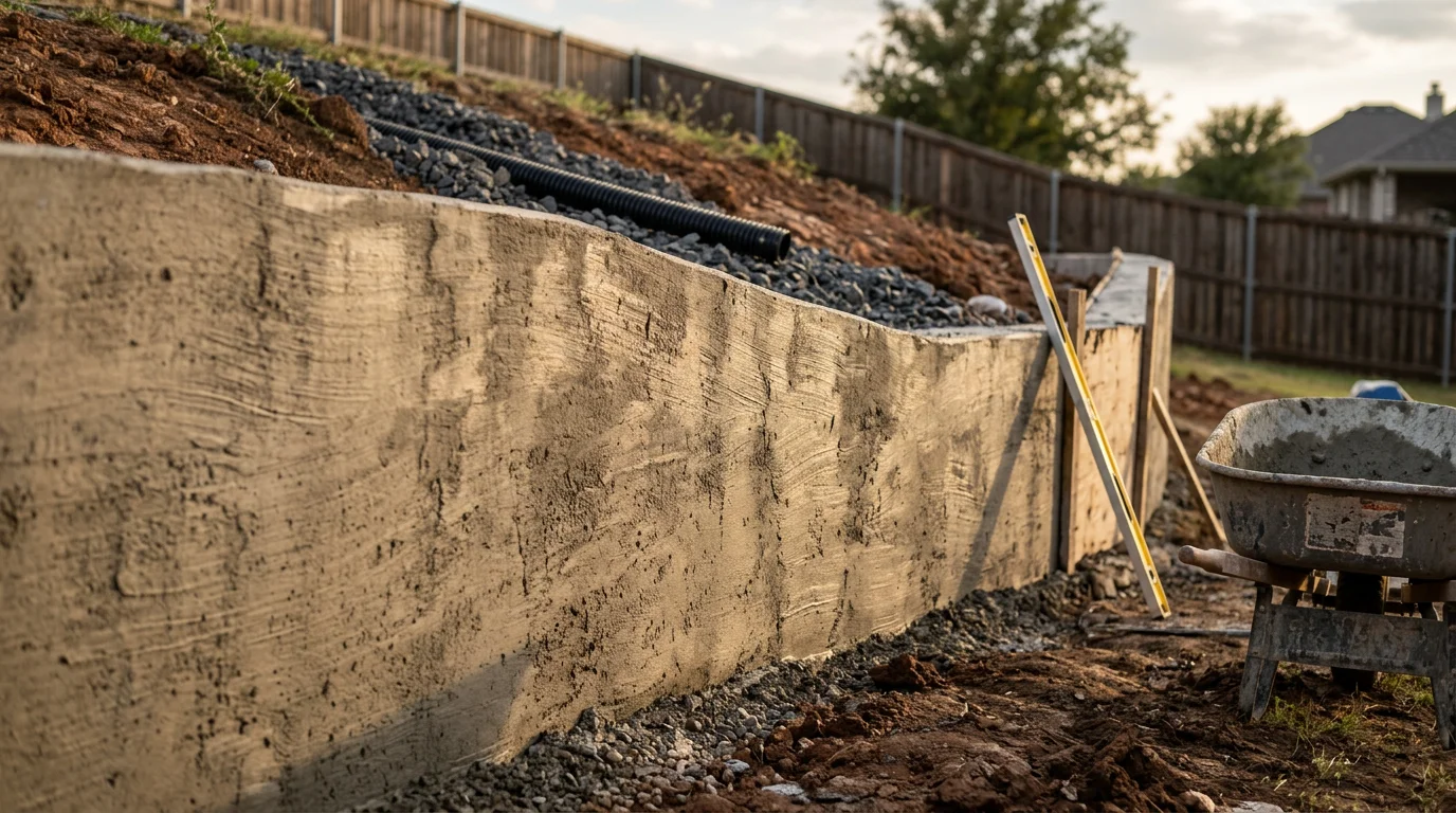 A finished concrete retaining wall along a sloped residential backyard in Midlothian, TX, holding back a tiered lawn with clean, level edges. The wall runs parallel to a wood privacy fence installed by P&S Fencing and Decking.