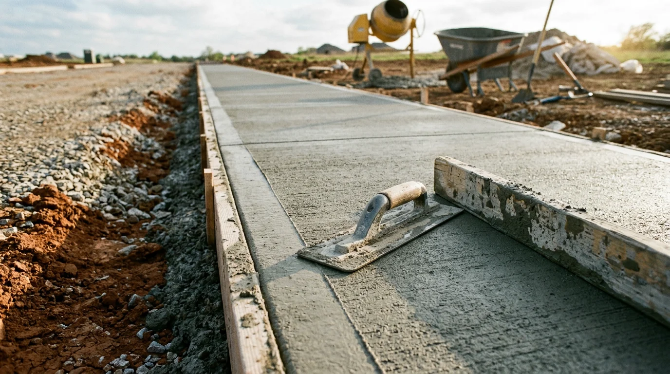 A freshly poured concrete sidewalk running along the front of a residential property in Midlothian, TX. The smooth, light-gray surface shows clean edges and a finished broom texture typical of North Texas flatwork.