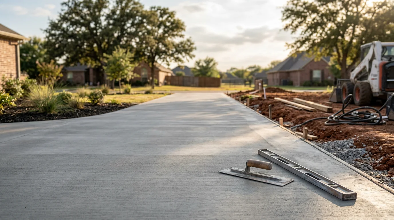 Freshly poured and finished concrete driveway at a residential property in Midlothian, TX, showing smooth flatwork extending from the street to the garage. The surrounding yard reflects the typical Ellis County landscape with clay soil visible along the edges of the new slab.