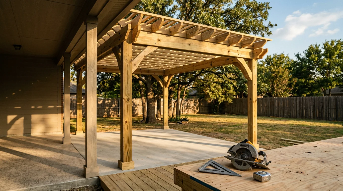A wood pergola with open slat roof built over a backyard patio in Midlothian, TX, providing partial shade over an outdoor seating area. The structure is attached to the rear of a single-story home with a grassy yard visible in the background.