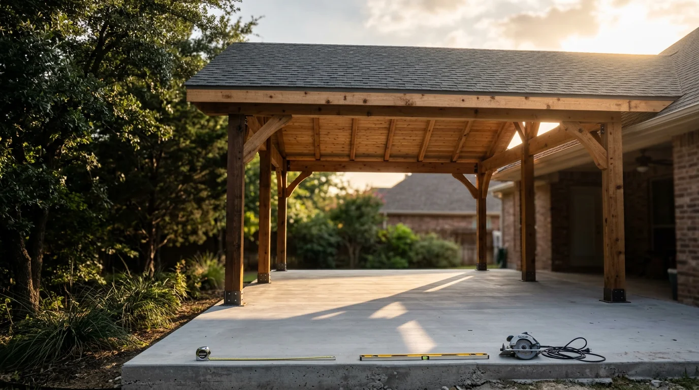 A finished covered patio attached to a residential home in Midlothian, TX, featuring a solid roof structure providing shade over an outdoor seating area. The structure ties into the home's existing roofline with a clean, weather-ready build.