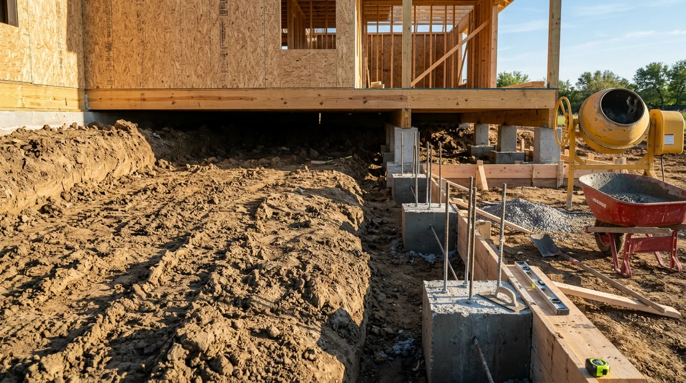 Concrete piers and beams forming a crawl space foundation base on a residential property in Midlothian, TX. The raised structure sits above clay soil with visible pier spacing and beam placement ready for floor framing.