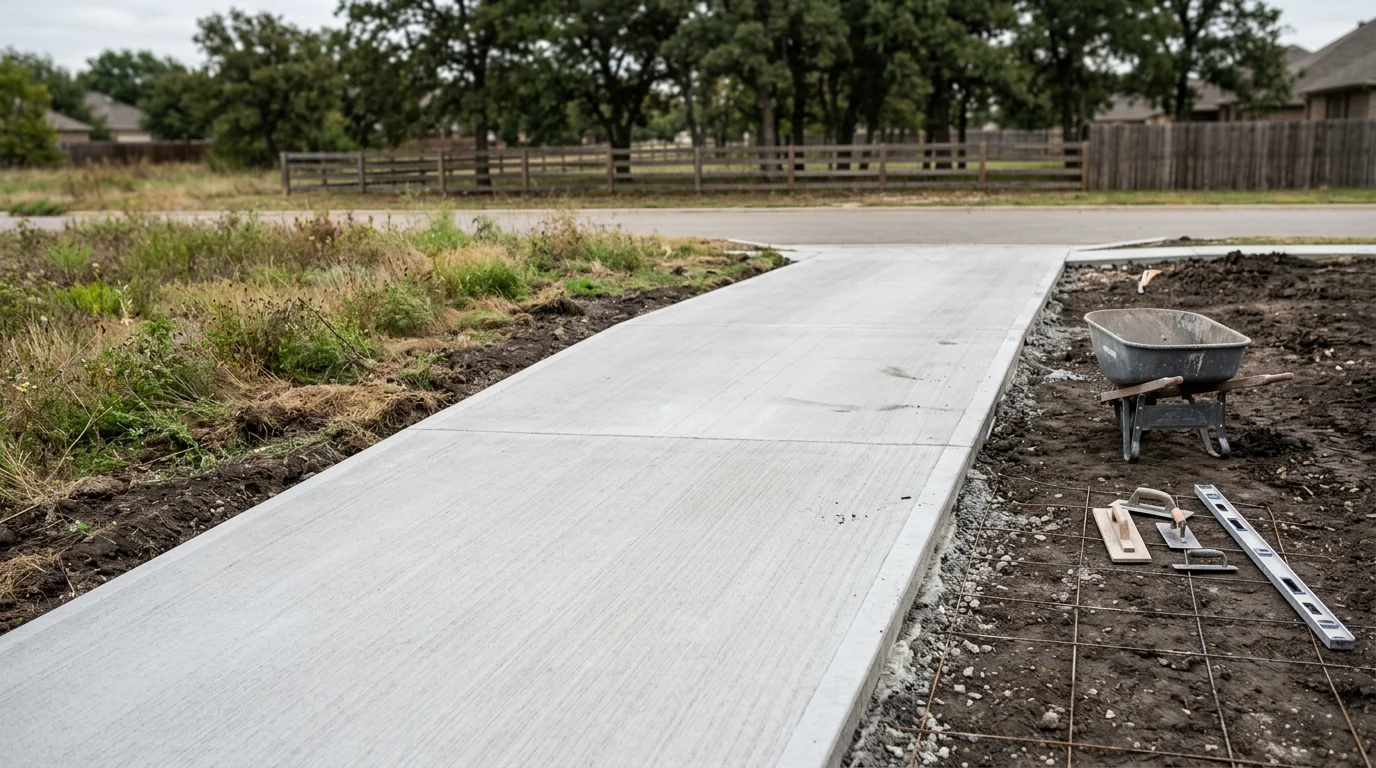 Freshly poured custom concrete driveway at a residential property in Midlothian, TX, with a smooth broom finish and clean edges along the lawn. The surface shows even coloring and defined borders typical of custom flatwork in the North Texas area.
