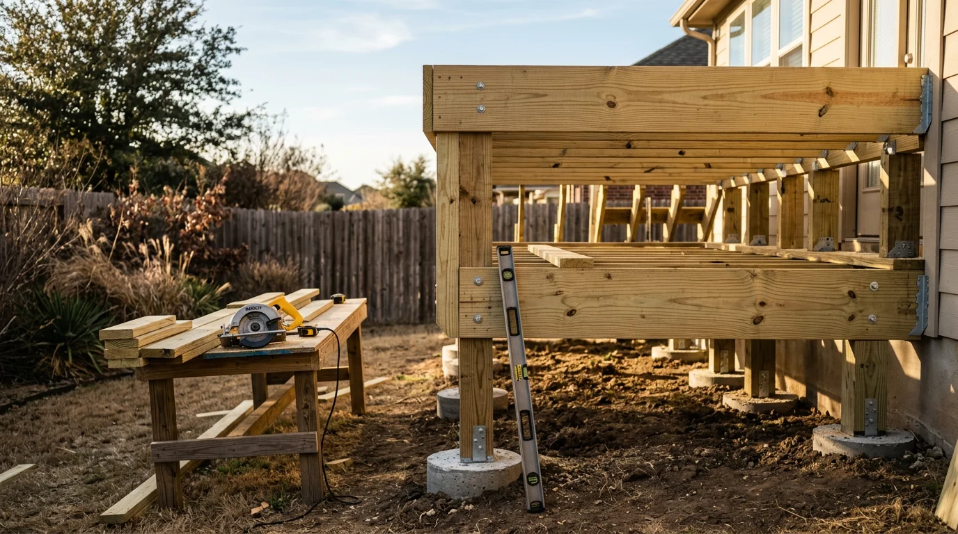 A newly installed custom wood deck attached to a single-family home in Midlothian, TX, with open backyard space visible beyond the railing. The deck features a clean frame, level surface boards, and a step down to the yard.
