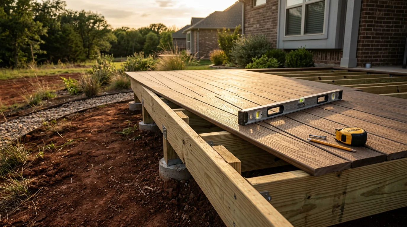 A finished custom wood deck attached to a single-family home in Midlothian, TX, featuring multi-level framing, built-in bench seating, and a stair section leading to a grassy backyard. The deck design follows the natural grade of the yard with clean railing lines visible against a clear Texas sky.