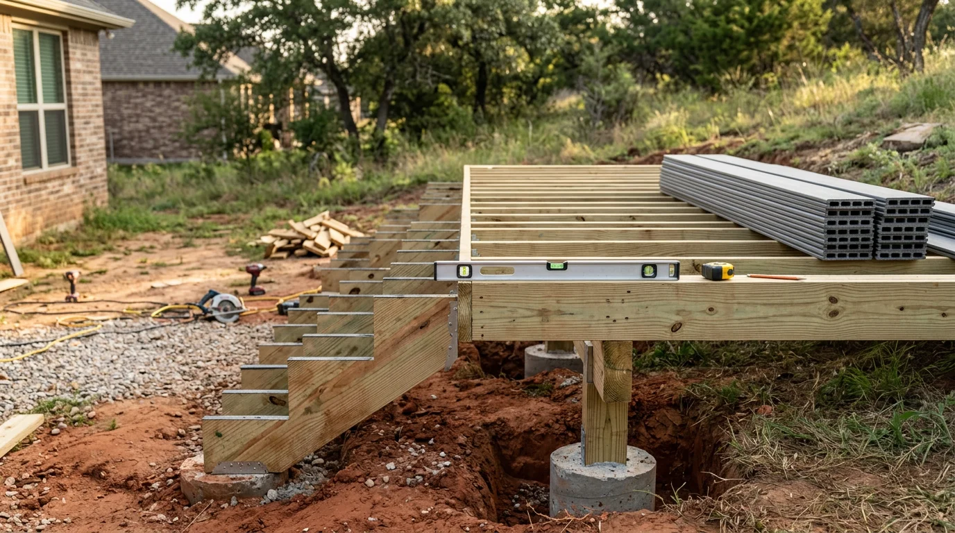 A custom wood deck built by P&S Fencing and Decking on a residential backyard in Midlothian, TX, featuring multi-level platforms and built-in bench seating. The deck is attached to the back of a single-family home with a large grass yard visible beyond the railing.