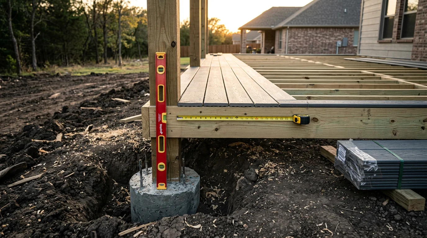 A finished custom wood deck attached to a residential home in Midlothian, TX, with open backyard space and clear blue Texas sky. The deck features a multi-board floor, sturdy railing, and stair access to the yard.