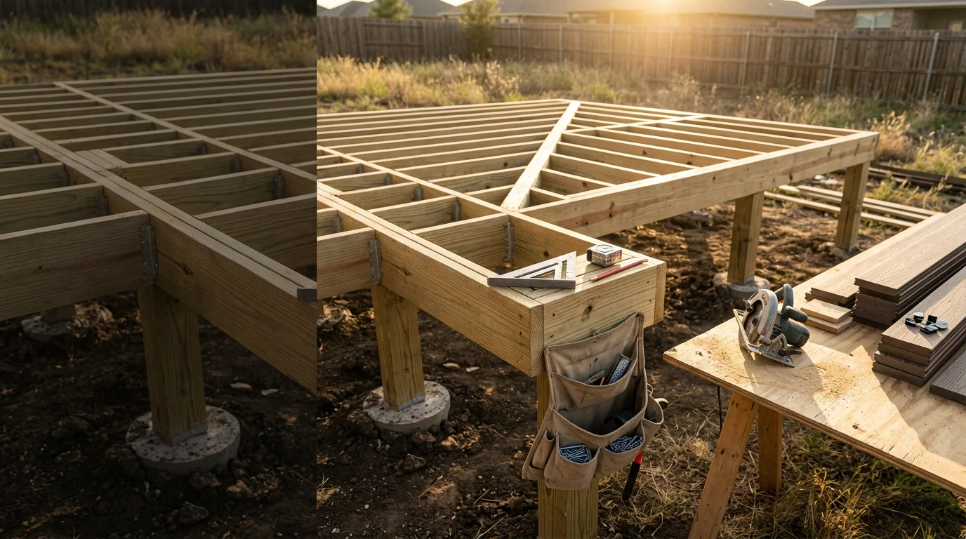 A finished custom wood deck attached to the back of a residential home in Midlothian, TX, with open backyard space visible and a clear blue Texas sky overhead. The deck features clean board lines, sturdy post framing, and a railing along the perimeter.