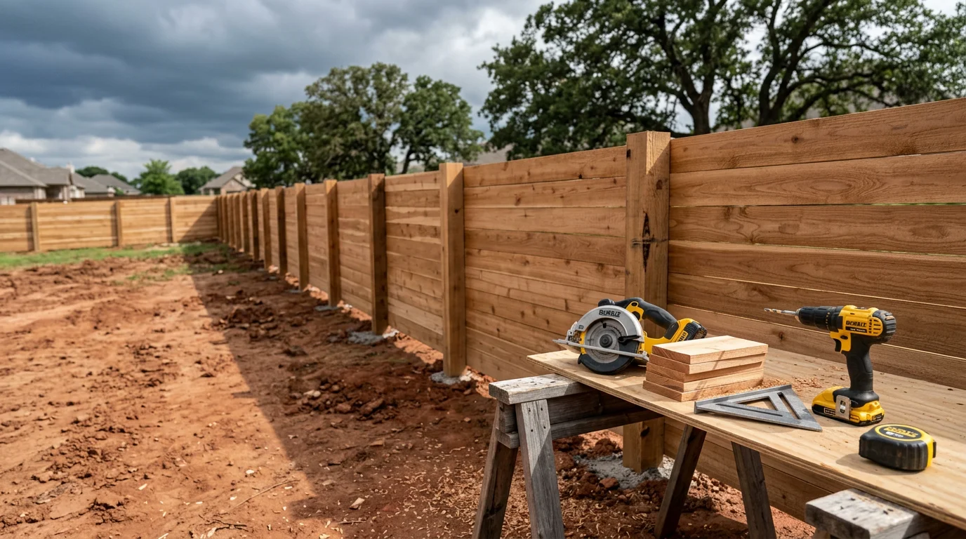 A custom wood privacy fence installed along the backyard of a residential property in Midlothian, TX, with clean post lines and a finished cap rail. The fence borders a well-kept lawn in an Ellis County subdivision setting.