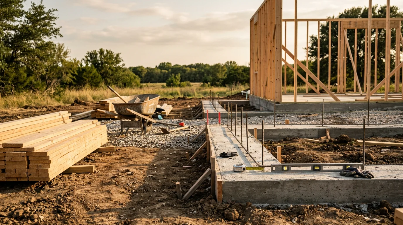 A newly built custom home in Midlothian, TX with a covered front porch and landscaped yard on a residential lot. The home features a brick and stone exterior typical of North Texas construction in the Ellis County area.