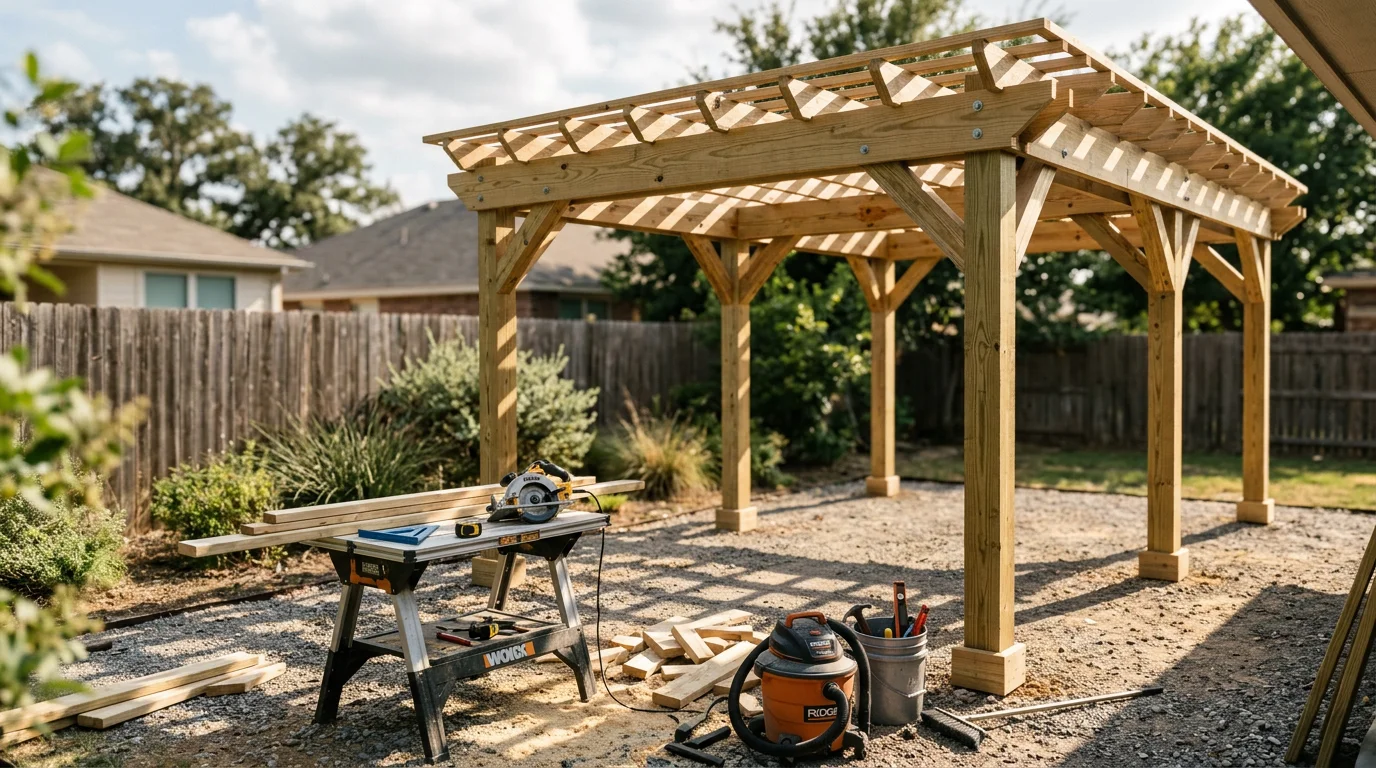A custom wood pergola built by P&S Fencing and Decking in a Midlothian, TX backyard, showing open beam construction and defined shade over a rear patio area. The structure is sized to the yard with clean post and beam framing suited to a North Texas residential property.