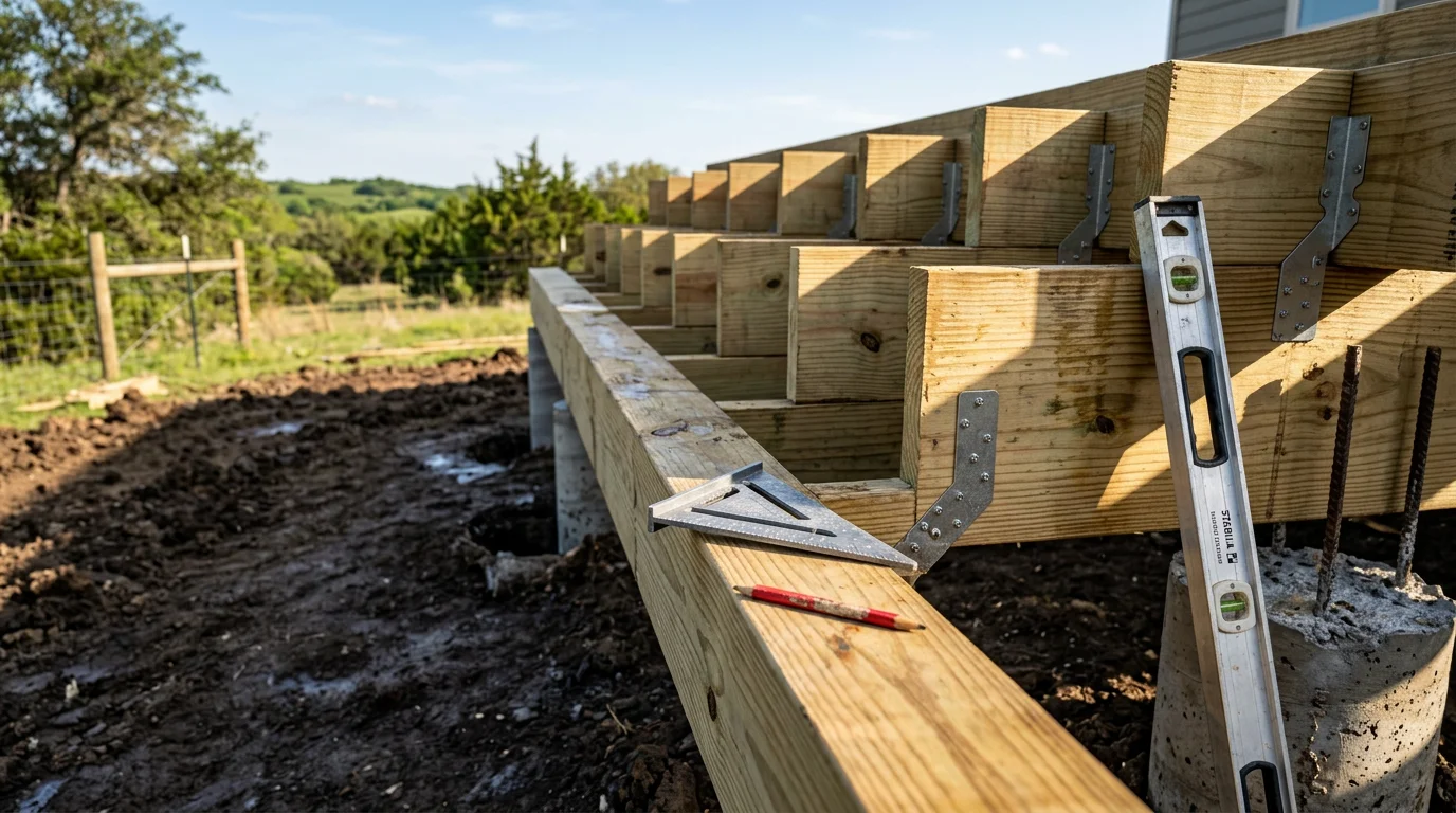 A newly built custom wood deck attached to a residential home in Midlothian, TX, with open backyard space visible beyond the railing. The deck framing and decking boards are cleanly finished, showing solid construction suited to the North Texas climate.