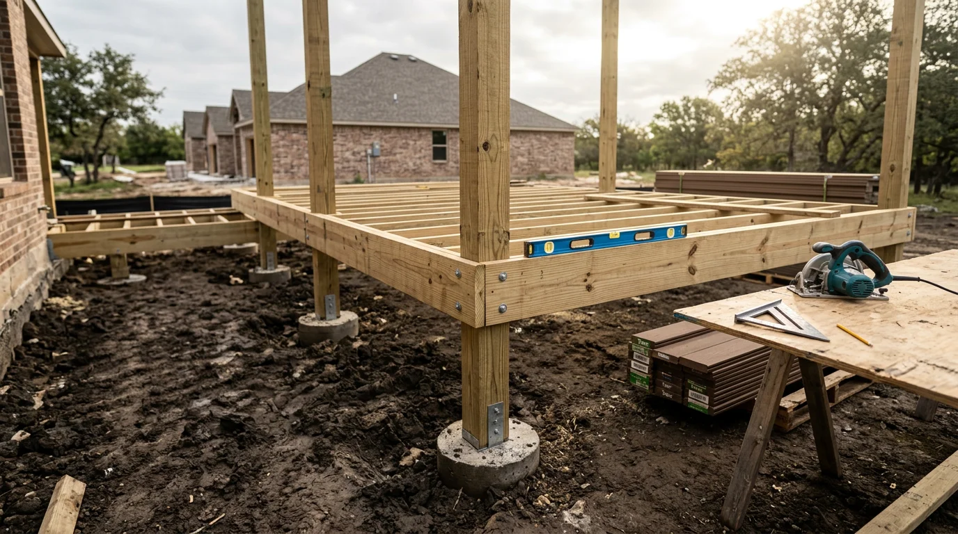A custom wood deck attached to a residential home in Midlothian, TX, with open backyard space visible beyond the railing. The deck features a multi-board surface and sturdy post construction suited to North Texas outdoor conditions.