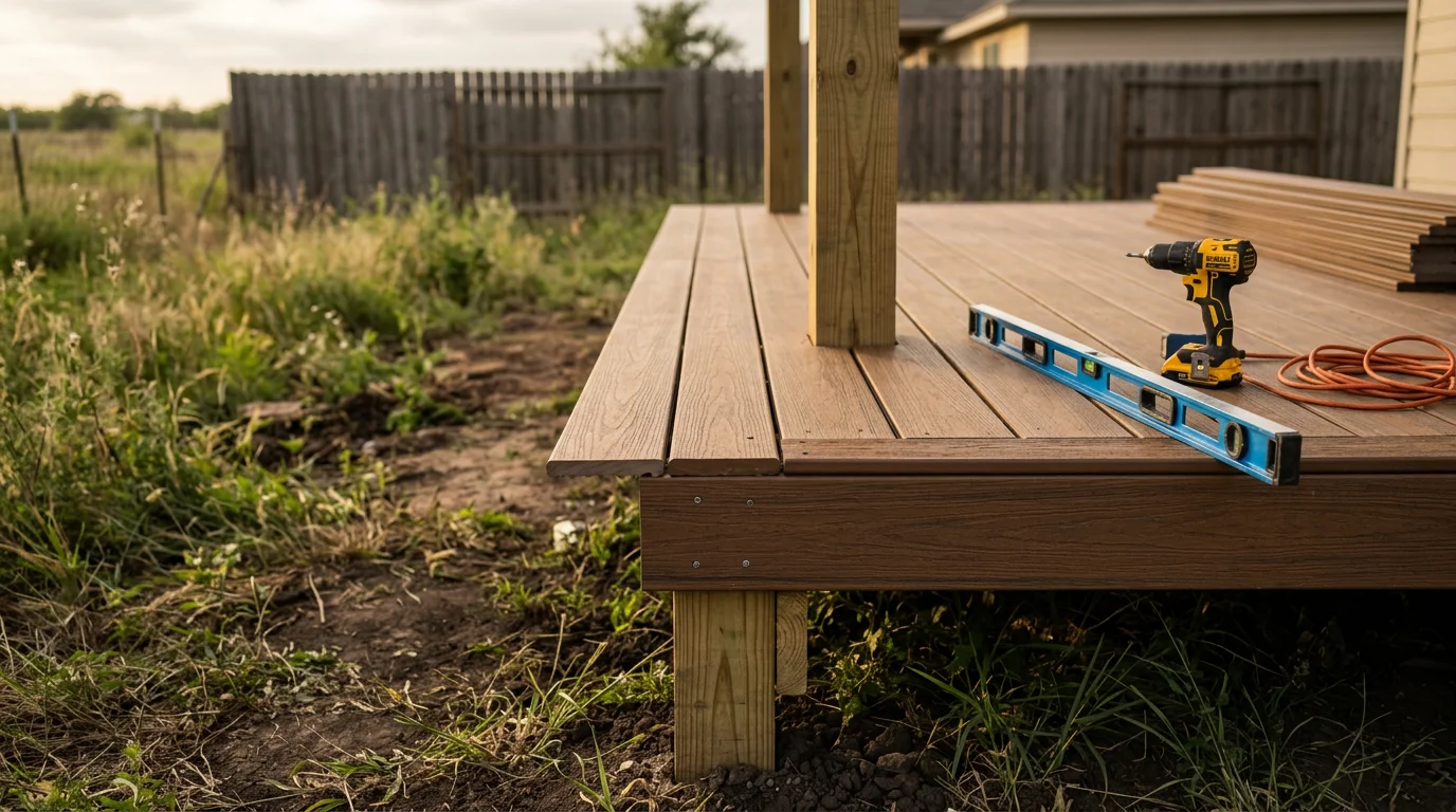 A newly built wood deck attached to the back of a residential home in Midlothian, TX, with a clean railing and open backyard view. The deck structure shows exposed framing and post footings set into the ground.