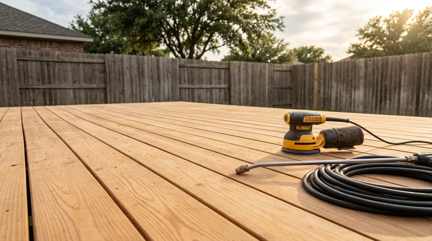 A wood deck in Midlothian, TX shown after professional cleaning and sanding, with smooth, evenly surfaced boards free of gray weathering, mold, and splinters. The cleaned deck surface is prepped and ready for staining.