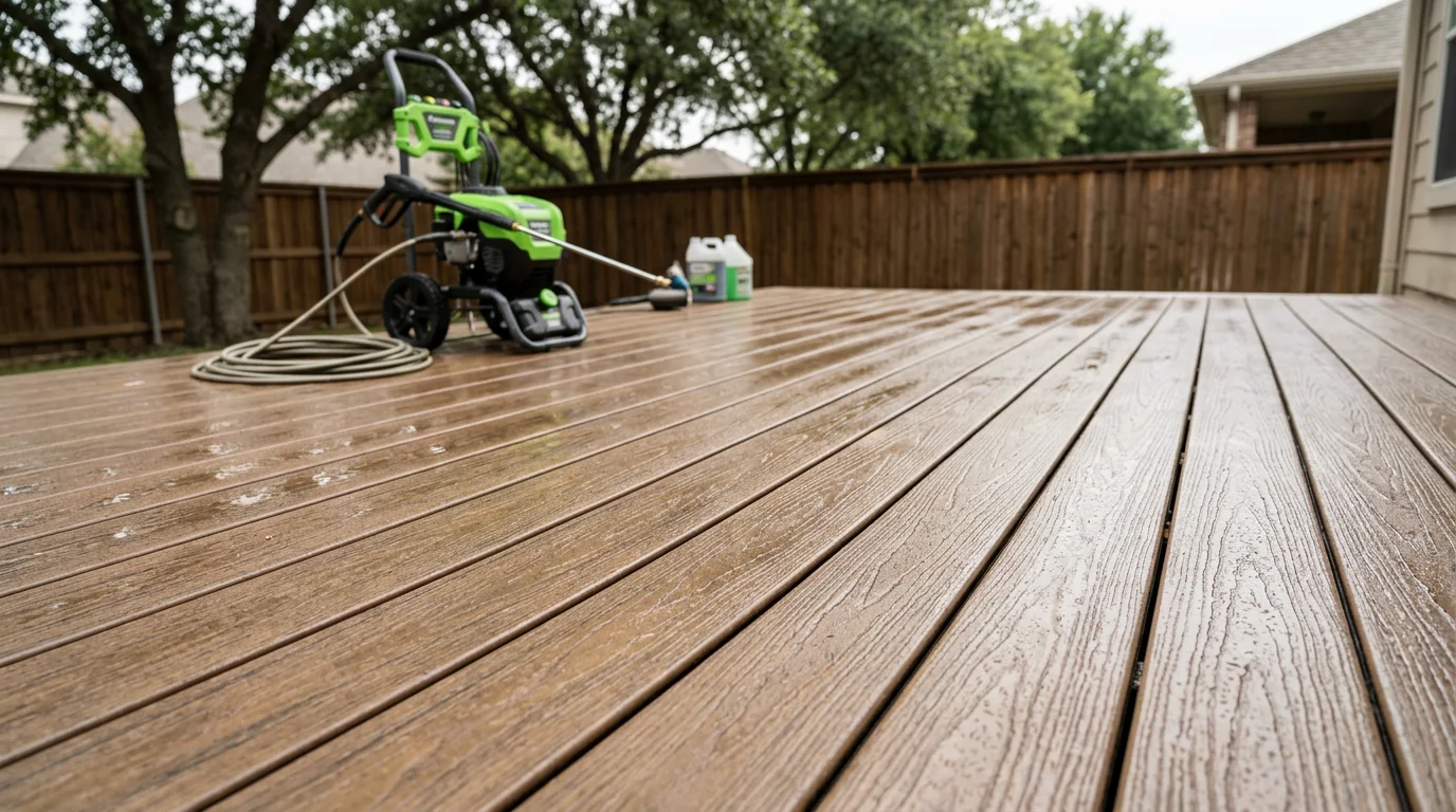 A wood deck in Midlothian, TX after professional cleaning, showing restored board color with mold and algae removed. The surface is dry, even in tone, and free of green growth or dark mildew streaks.