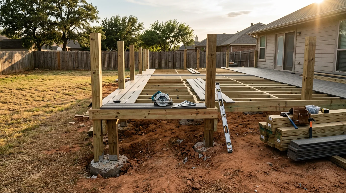 A newly built wood deck attached to the back of a single-family home in Midlothian, TX, with clean railing lines and open backyard space visible beyond the structure. The deck shows level framing and finished decking boards suited for the North Texas climate.