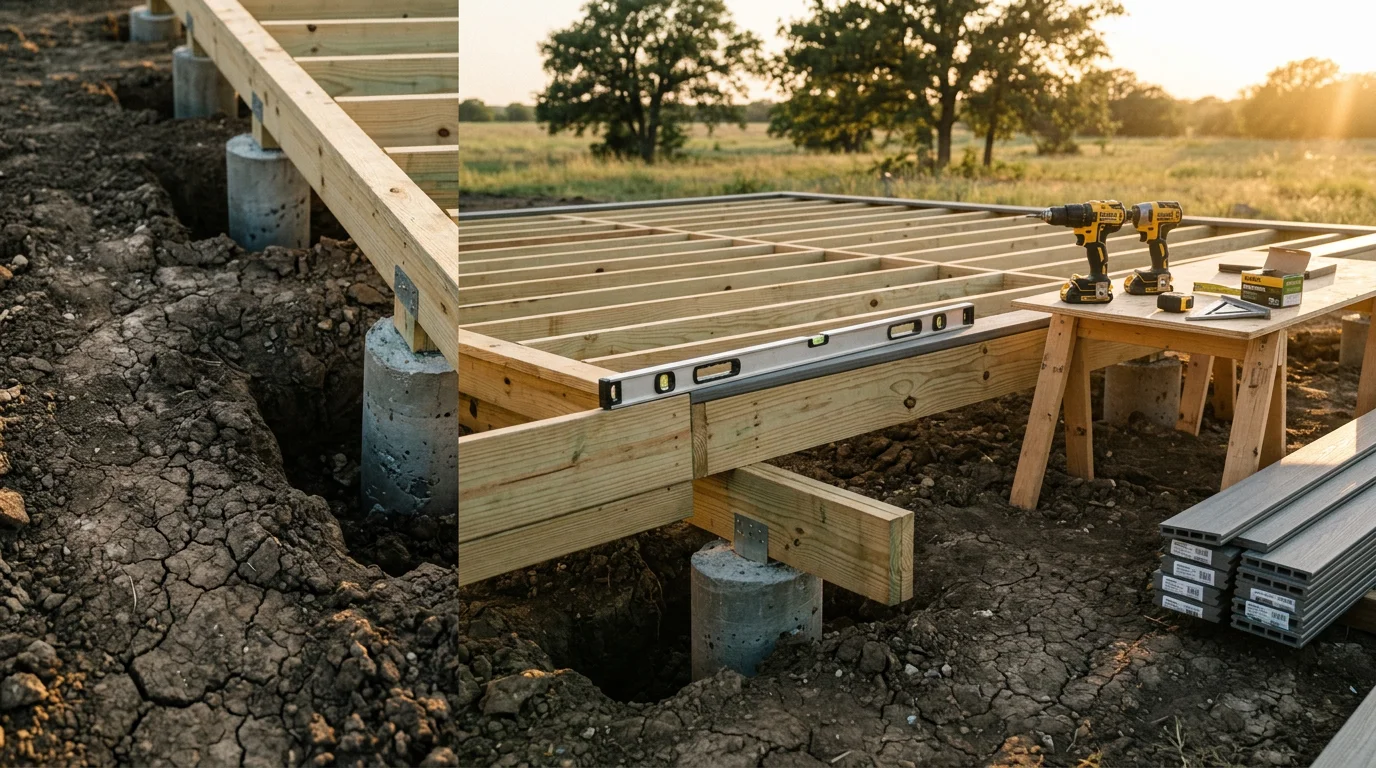 A newly constructed wood deck attached to the back of a residential home in Midlothian, TX, with open yard space and a clear blue Texas sky overhead. The deck features framed railings and evenly spaced decking boards built to handle North Texas weather conditions.