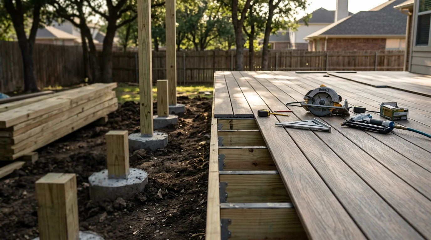 A newly expanded wood deck attached to a residential home in Midlothian, TX, showing the seamless connection between the original structure and the added section. The deck includes railing along the perimeter and overlooks a backyard typical of North Texas suburban properties.