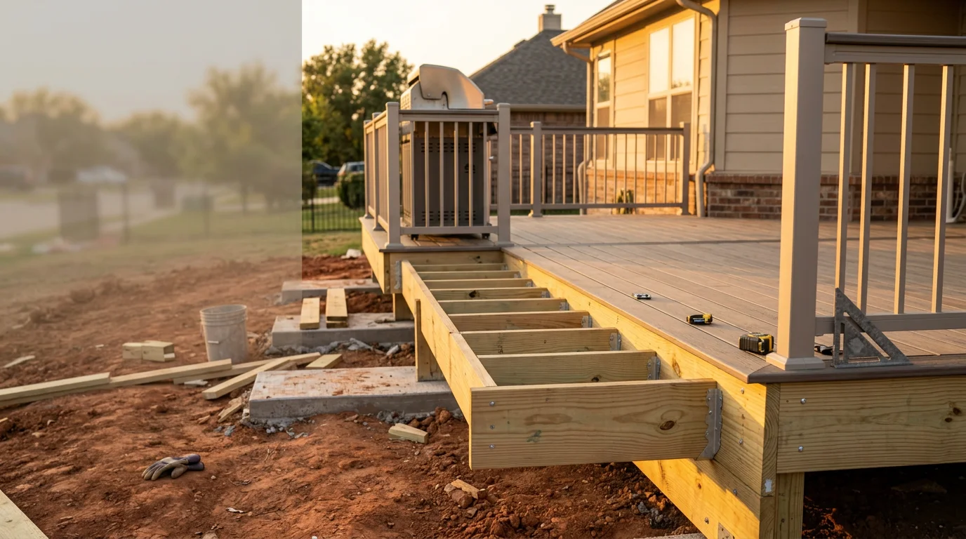 A deck extension built onto the back of a Midlothian, TX home, showing a defined outdoor dining zone and shade structure connected to the original deck frame. The extension sits level on a clay-soil lot typical of the Ellis County area.