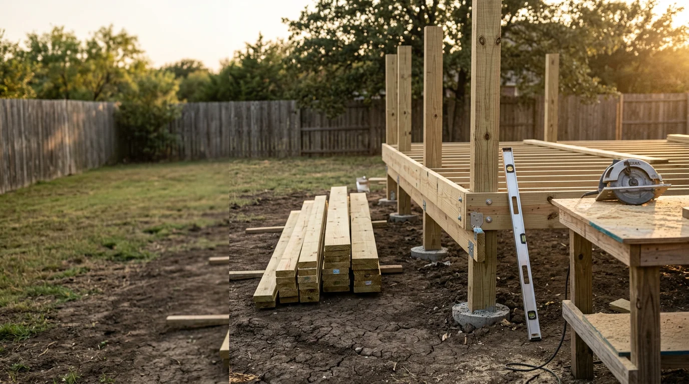 A newly installed wood deck with railings attached to the back of a residential home in Midlothian, TX, surrounded by a grassy yard under a clear Texas sky. P&S Fencing and Decking completed the build with framing and posts set to handle local clay soil conditions.