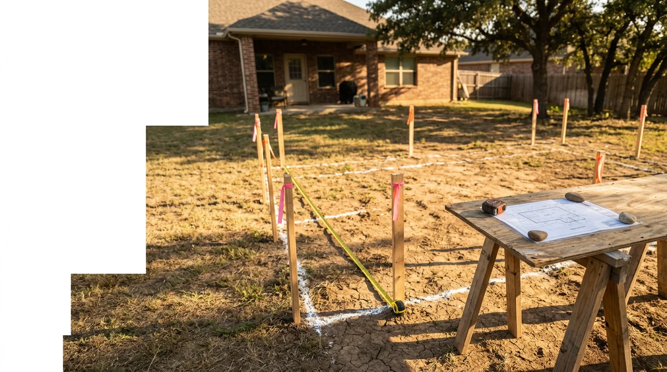 A planned deck layout marked out on a Midlothian backyard, showing the footprint and access points relative to the home's back door. P&S Fencing and Decking deck layout planning service in Midlothian, TX.