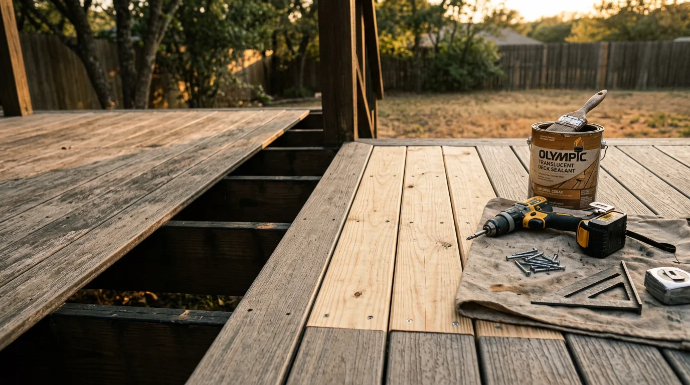 A repaired wood deck in Midlothian, TX with freshly replaced boards, secured railings, and a clean stain finish. The deck is attached to a residential home with a backyard visible in the background.