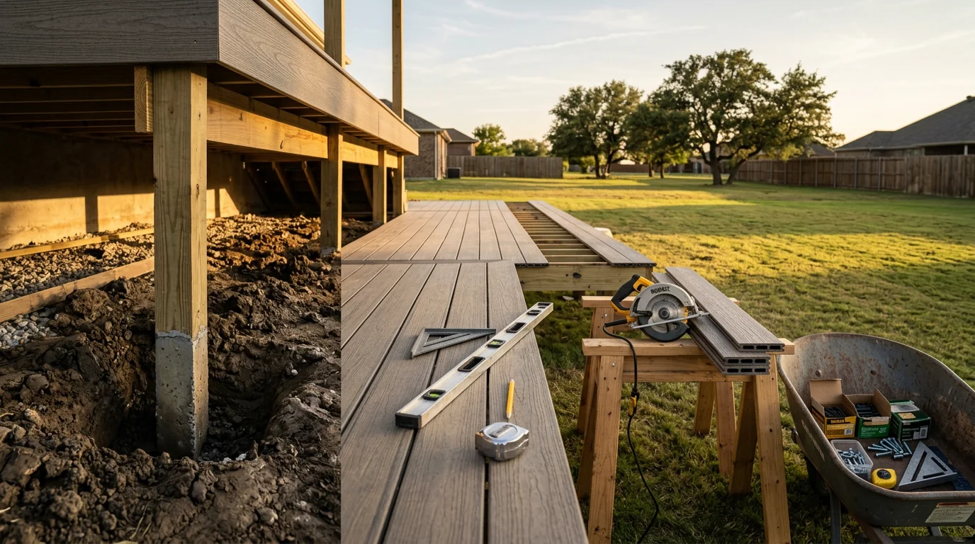 A newly installed wood deck attached to a single-story home in Midlothian, TX, with open backyard space and a clear view of the Texas sky. The deck features clean framing, evenly spaced boards, and a step down to the yard.