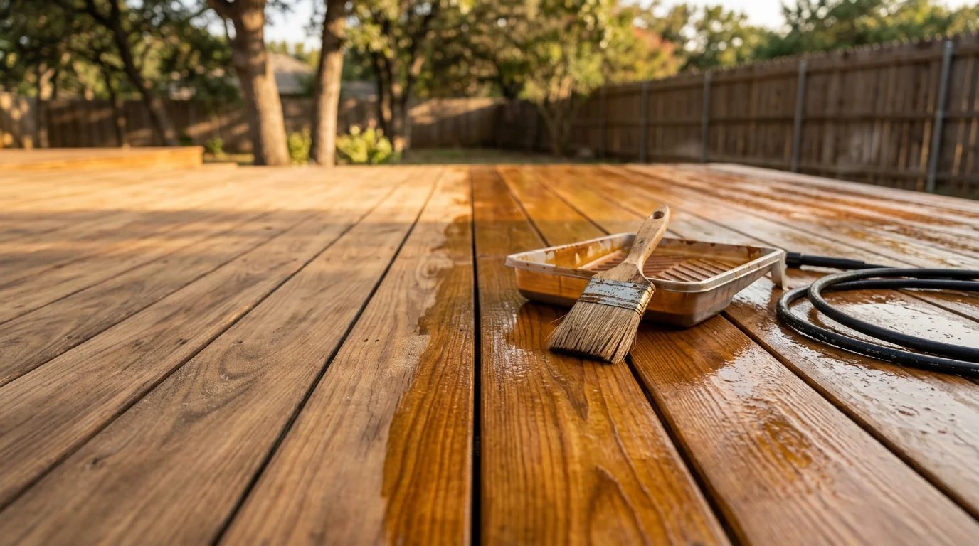A freshly refinished wood deck with even, rich stain color on a residential home in Midlothian, TX. The boards are clean, smooth, and free of gray weathering or peeling finish.