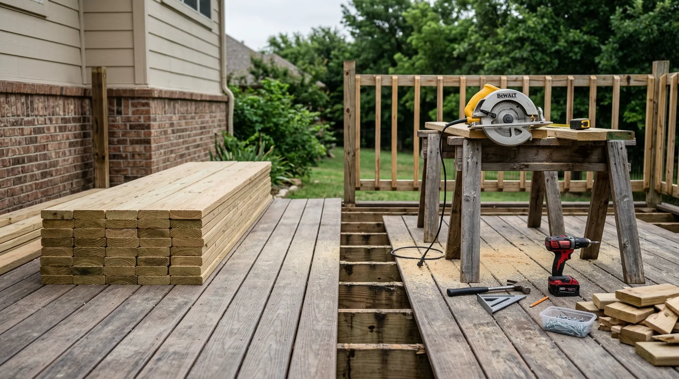 A remodeled backyard deck on a Midlothian, TX home showing freshly replaced boards, updated railings, and a clean finished surface ready for outdoor use.