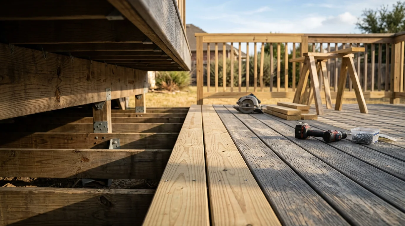 A repaired residential deck in Midlothian, TX with freshly replaced boards, secured railings, and a clean surface finish. The deck is attached to the back of a single-family home with a fenced yard visible in the background.