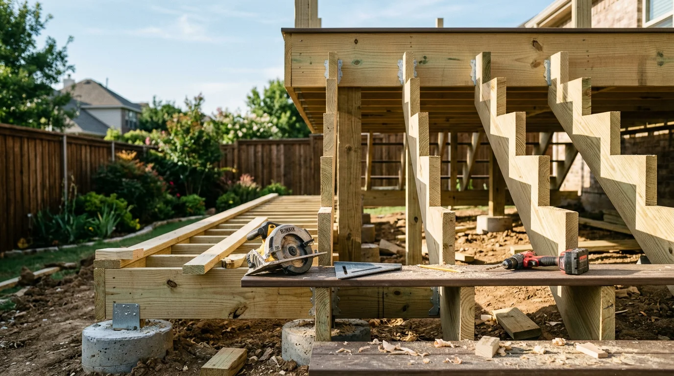 A newly built wood deck attached to the back of a residential home in Midlothian, TX, featuring clean framing, secure railings, and an open layout suited for outdoor living. The structure sits level on a residential lot typical of Ellis County neighborhoods.