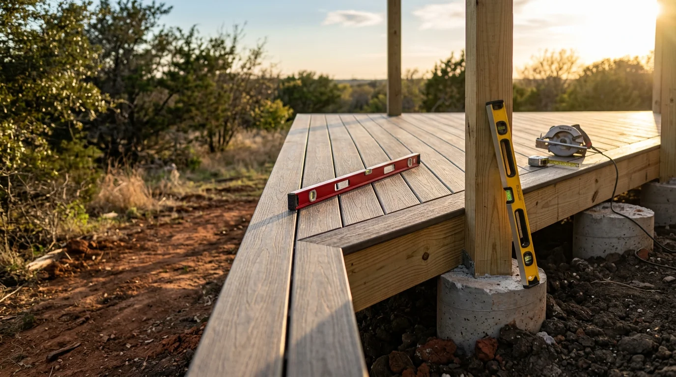 A custom wood deck built by P&S Fencing and Decking attached to the back of a residential home in Midlothian, TX, with open backyard space visible beyond the structure. The deck features clean framing and even board spacing suited to the North Texas climate.