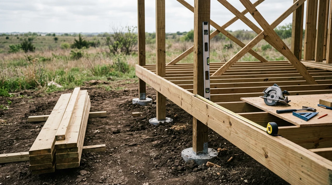 A newly built wood deck attached to the back of a residential home in Midlothian, TX, with clean railing lines and open backyard space visible beyond the deck boards.