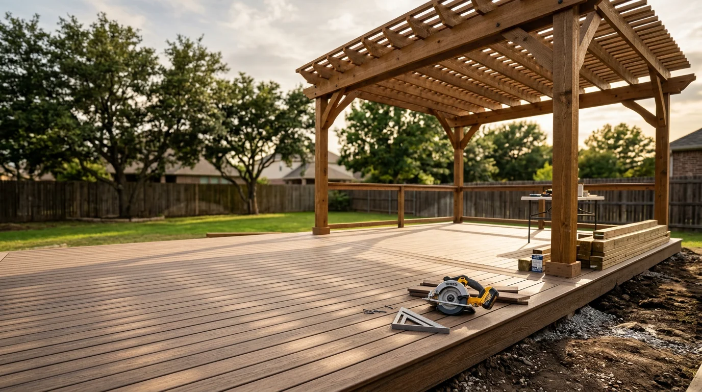 A custom wood deck with an attached pergola built by P&S Fencing and Decking in a residential backyard in Midlothian, TX. The structure provides overhead shade and a defined outdoor living area on a clear Texas afternoon.