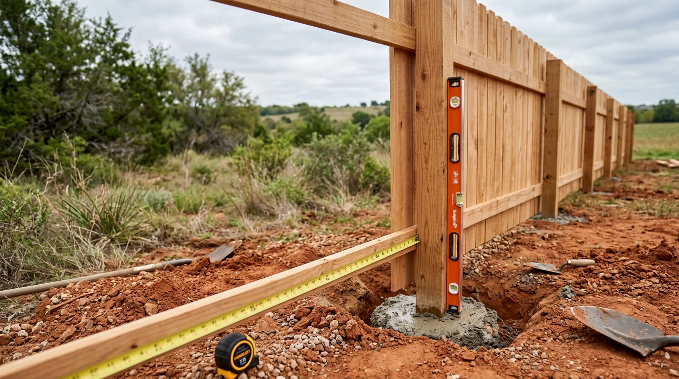 A newly installed wood privacy fence along the backyard of a residential property in Midlothian, TX, with straight posts and clean panel alignment. The fence borders a spacious yard typical of Ellis County homes in the area.