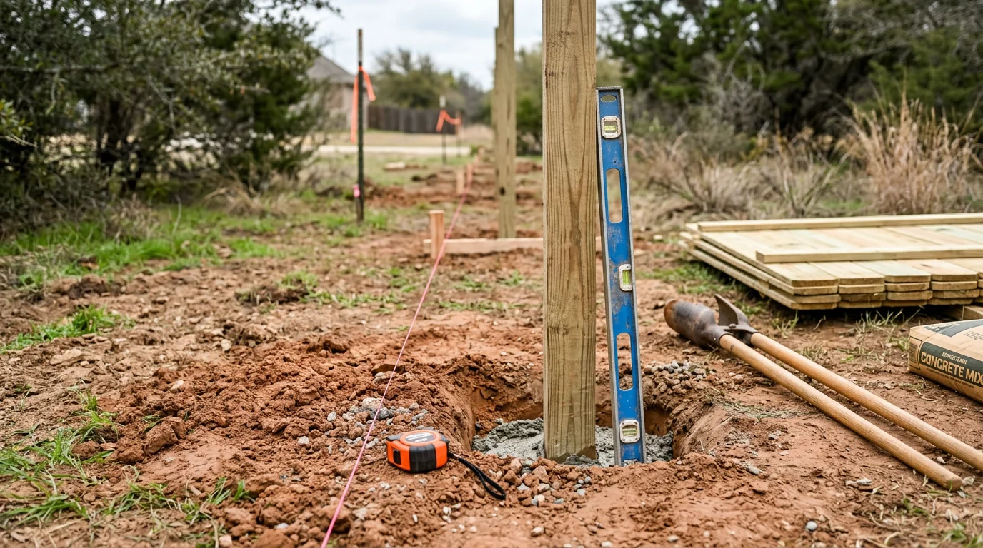 A newly installed wood privacy fence along the backyard boundary of a residential property in Midlothian, TX, with straight post lines and clean panel spacing. The fence runs the full length of the lot with a gate centered on the rear property line.