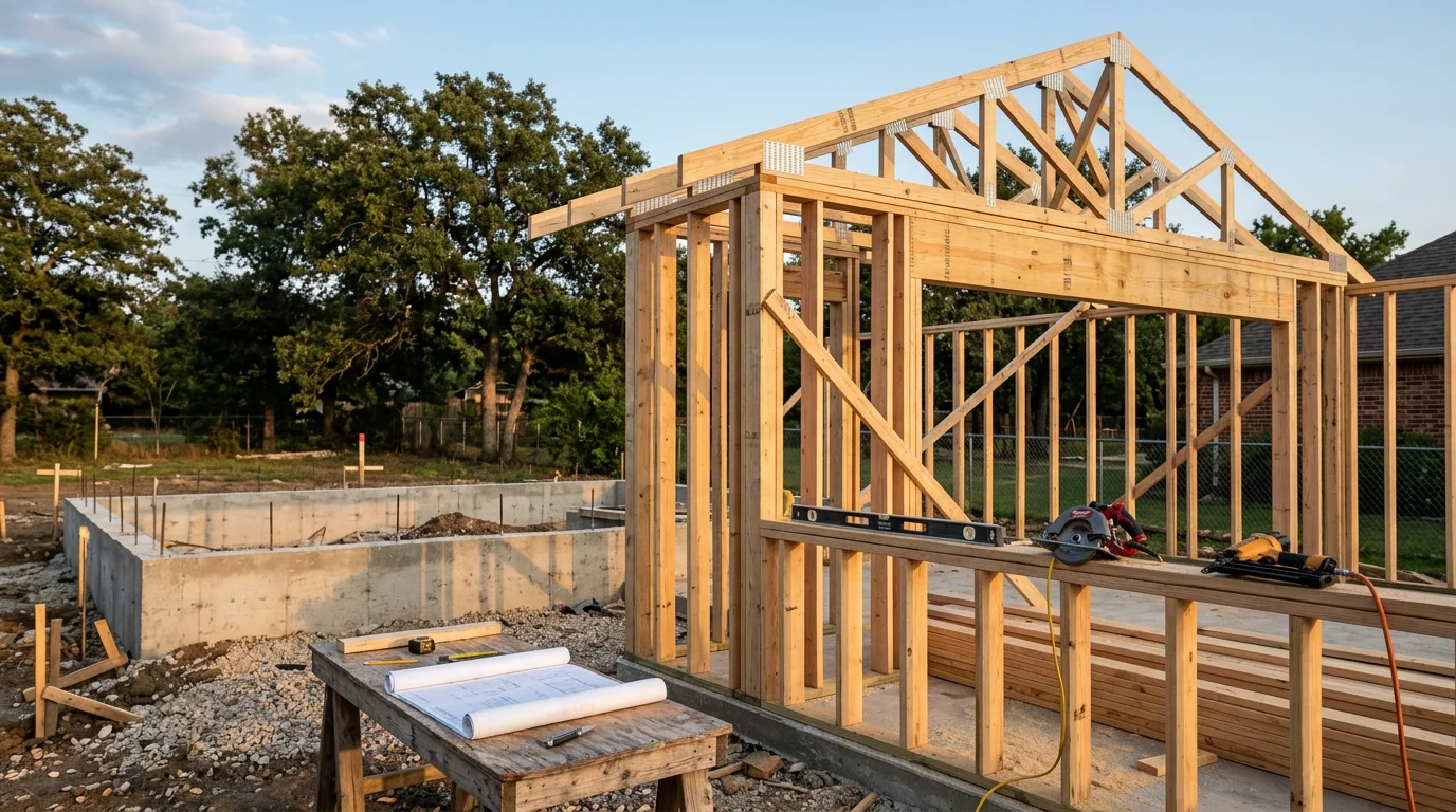 A newly constructed detached garage on a residential property in Midlothian, TX, featuring a clean concrete foundation and a wide garage door. The structure sits separate from the main home on a spacious Texas lot typical of the Ellis County area.