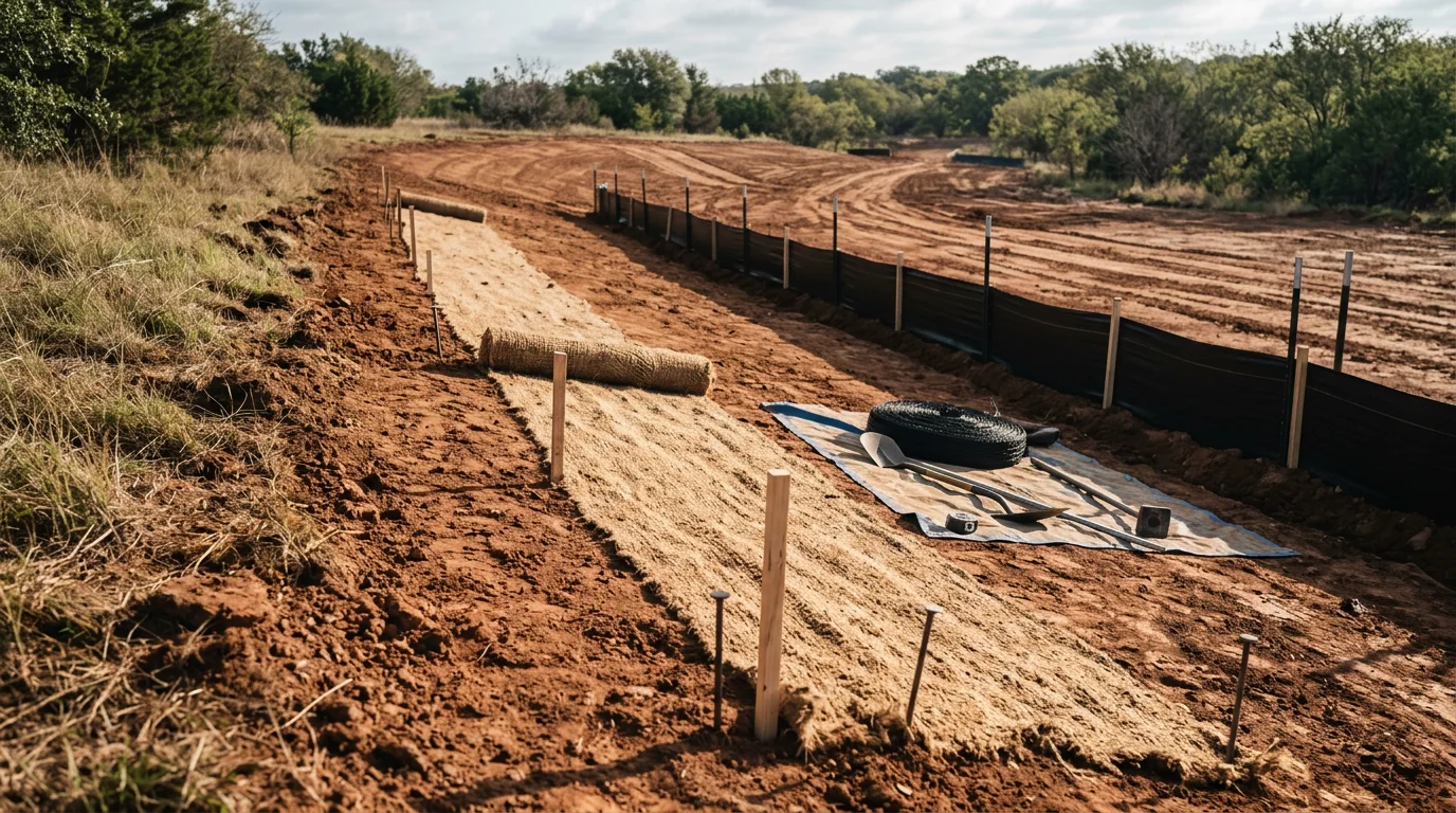 Erosion control blankets and silt fencing installed along a graded residential slope in Midlothian, TX, with clay soil stabilized and runoff redirected away from the property boundary.