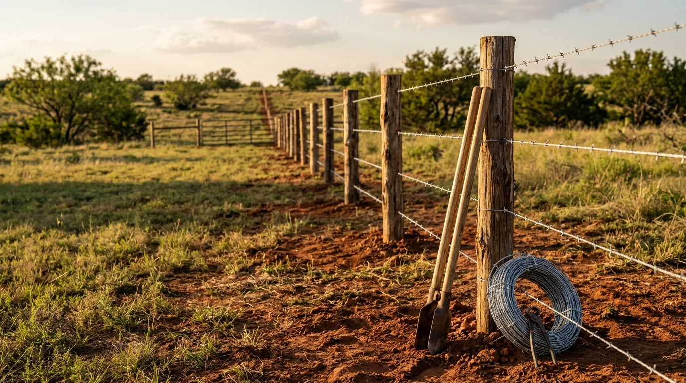 Farm fence installation on a rural acreage property in Midlothian, TX, with post-and-wire perimeter fencing running along an open pasture. Ellis County farmland visible in the background under a clear Texas sky.