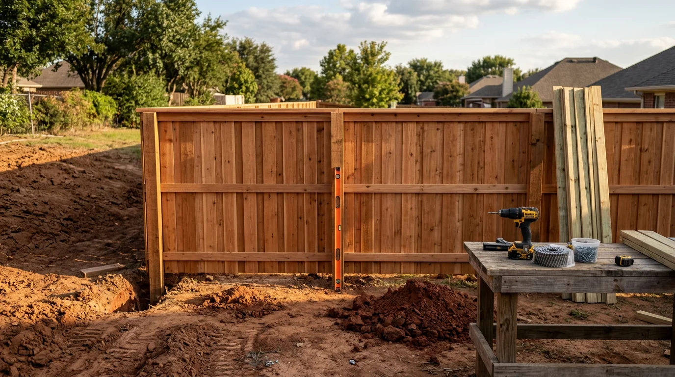 A newly installed wood privacy fence and attached deck in a residential backyard in Midlothian, TX, with clean board alignment and solid post placement on a suburban lot.